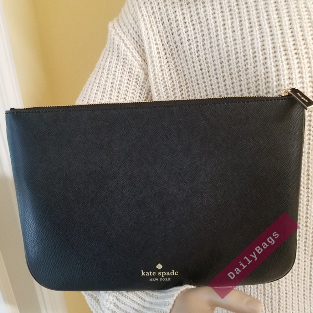 NWT KATE SPADE LARGE ZIP POUCH MEOW MULTI BLACK WHITE LEOPARD DOTS NOVELTY - Picture 5 of 7